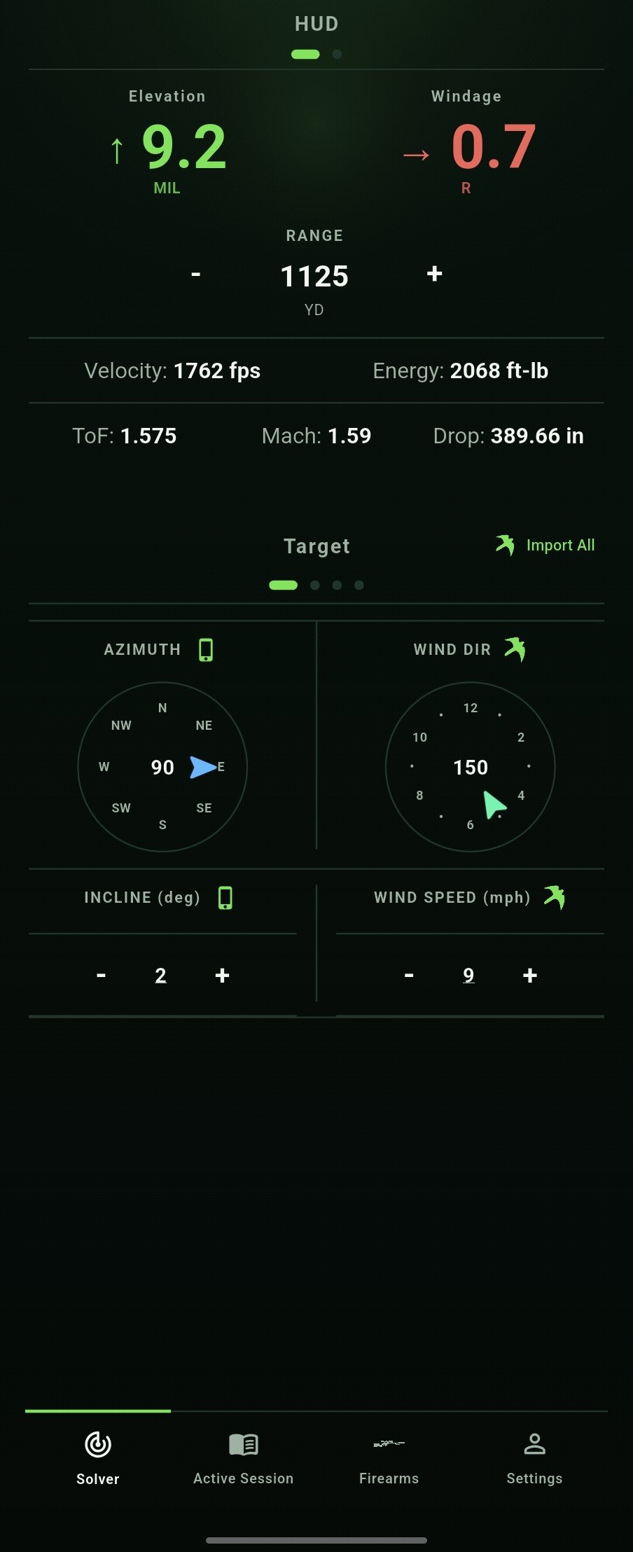 Solver HUD showing elevation 9.2 mil and windage 0.7 R for a 1125 yard shot