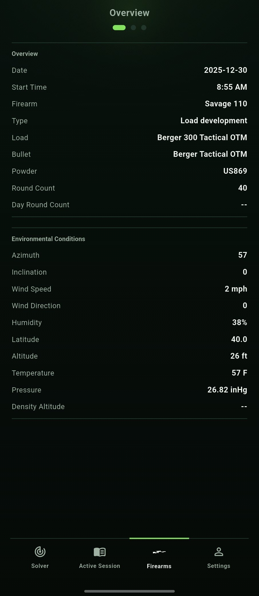 Session overview showing date, firearm, type, round count, plus environmental conditions