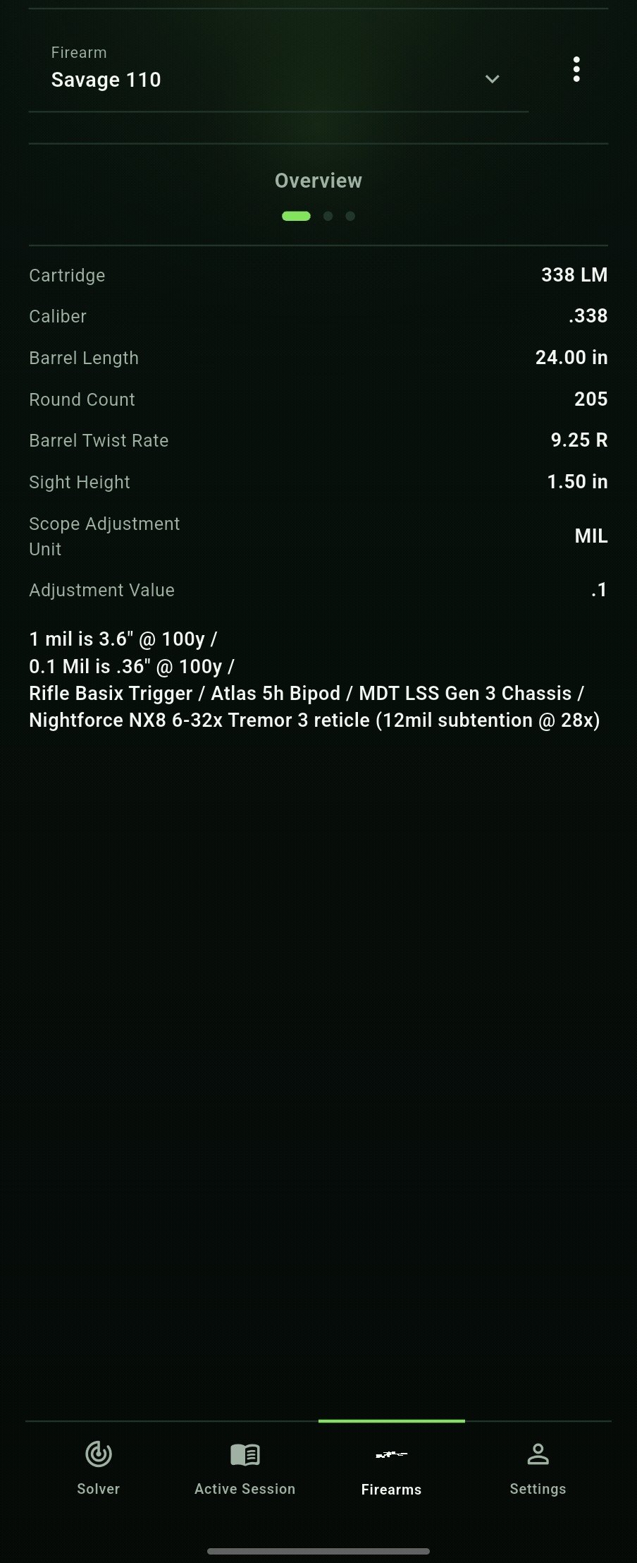 Firearm overview for a Savage 110 in .338 LM showing barrel length, twist rate, sight height, scope adjustment unit